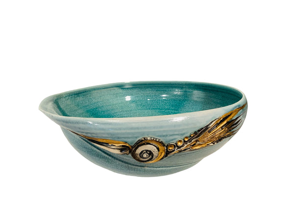 Très grand bol organique en porcelaine turquoise craquelé lustré d'or