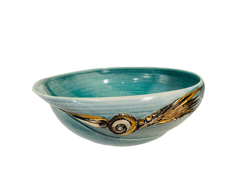 Très grand bol organique en porcelaine turquoise craquelé lustré d'or