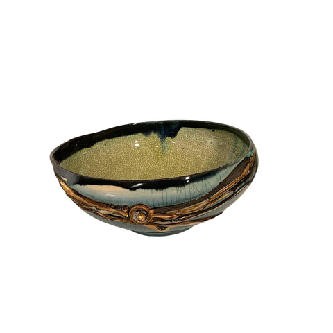 Grand bol organique en porcelaine turquoise et noir lustré d'or