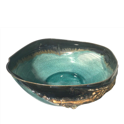 Très grand bol organique en porcelaine turquoise et noir lustré d'or