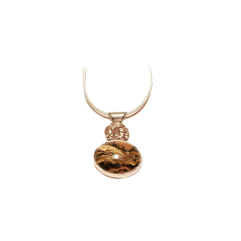 Bijou collier pendentif ovale œil de tigre bronze argent