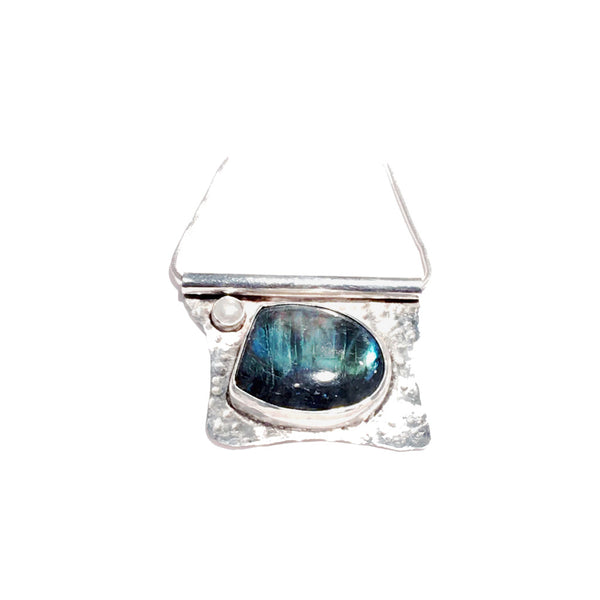 Bijou collier pendentif carre labradorite perle argent