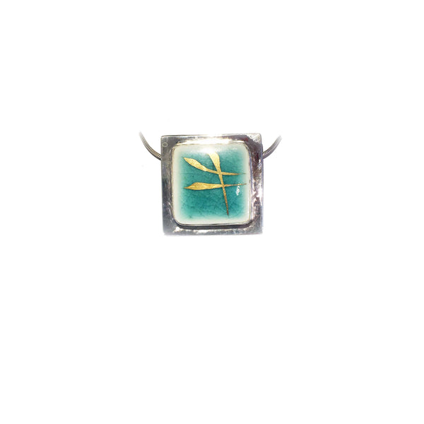 PENDENTIF CARRÉ PORCELAINE TURQUOISE LUSTRE D'OR FIN